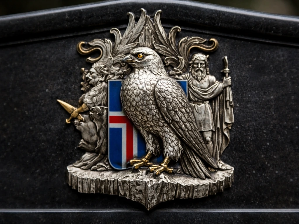 Close-up of the Iceland coat of arms with a detailed gyrfalcon emblem.