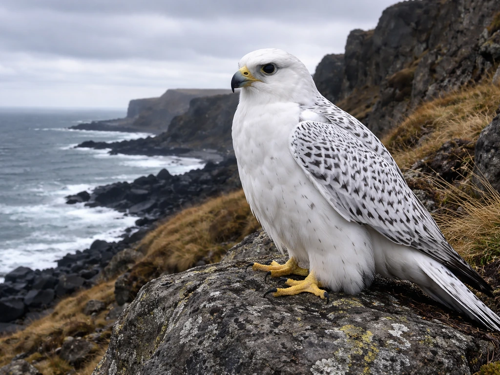 White gyrfalcon perched on an Icelandic cliff near the sea under overcast skies.