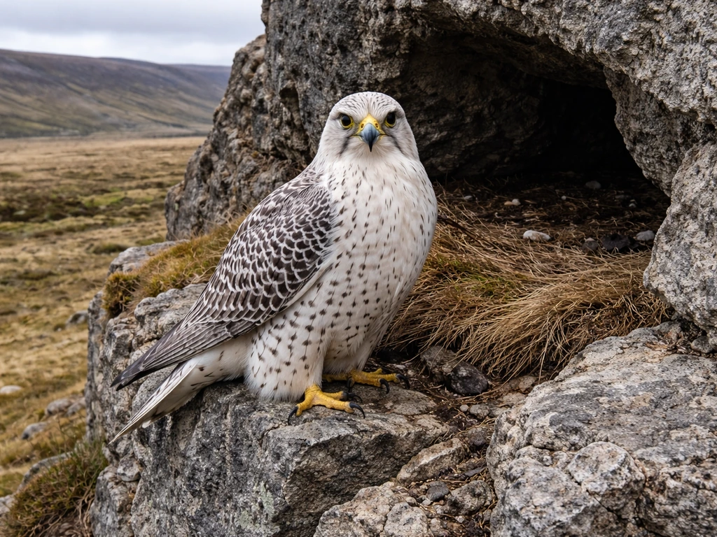 Gyrfalcon perched on a rocky cliff ledge above Arctic tundra in Iceland.