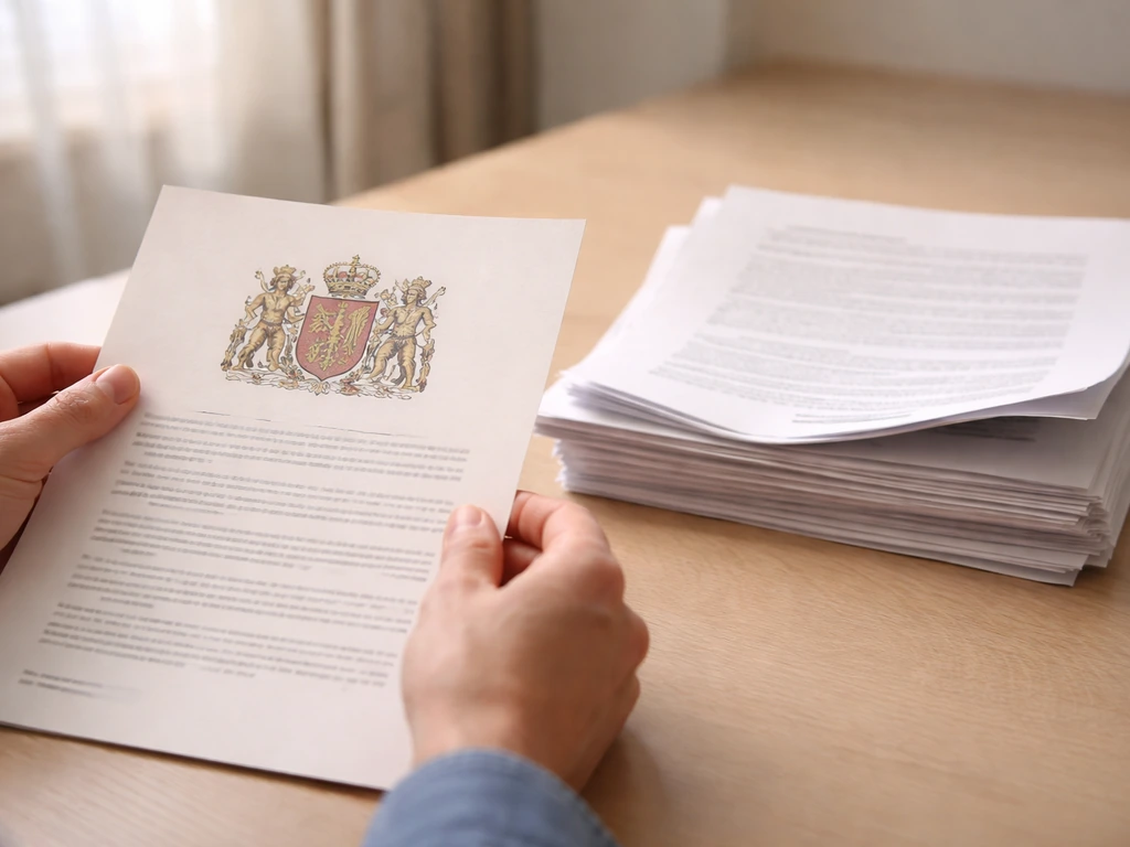 Close-up of hands comparing an official-looking coat-of-arms document with printed sources on a desk