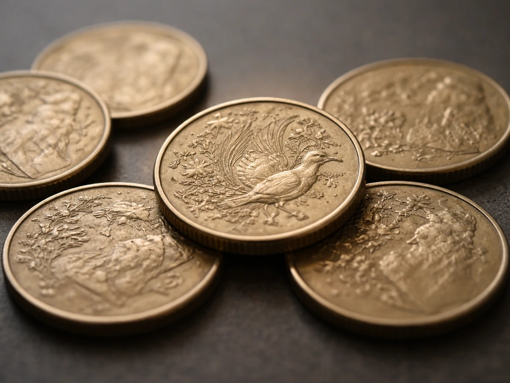 Several Australian $2 coins on a table with one reverse softly glowing to highlight the bird motif.