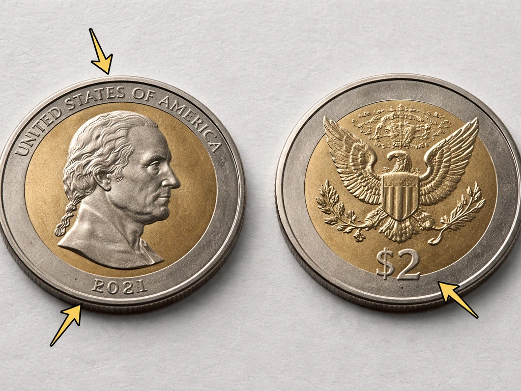 Close-up of a $2 coin on a tabletop with arrows pointing to obverse country, year, and reverse mint area.