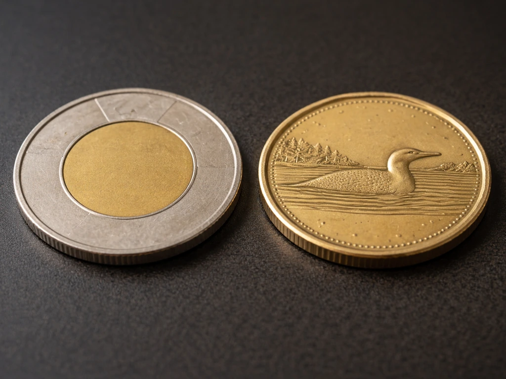 A Canadian two-dollar Toonie coin and a loonie coin side by side on a dark surface.