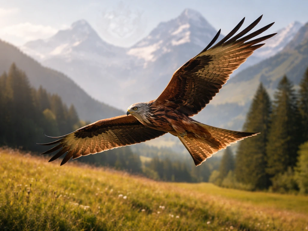 A close view of a red kite soaring above Swiss mountains beside a subtle crest-like background motif