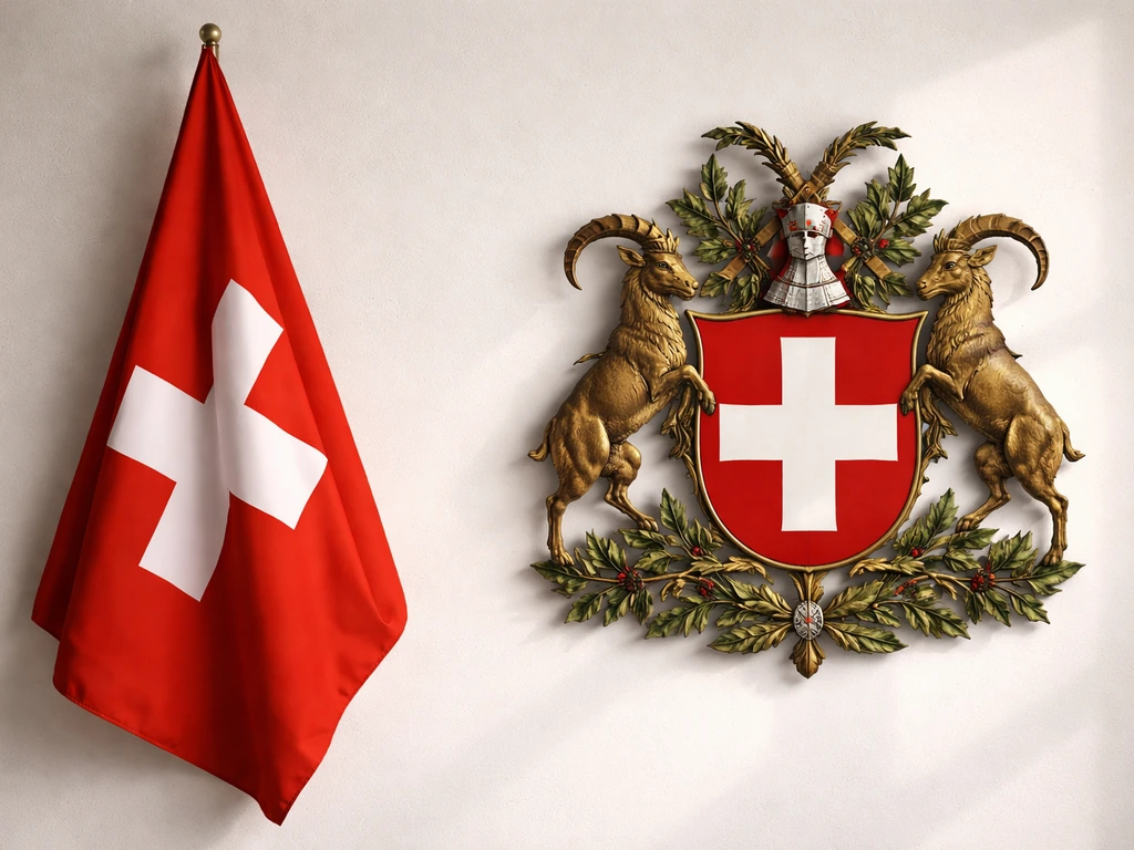 Swiss national symbols: white cross on red flag and an ornate coat of arms displayed together.