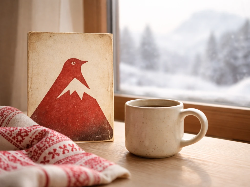 Vintage Swiss bird motif poster pinned near a snowy countryside window with warm winter light