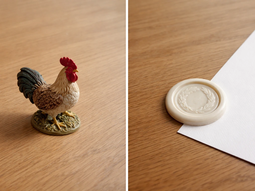 Close-up of a French rooster ornament on a desk beside a wax seal stamp, symbolizing official vs commonly cited claims.