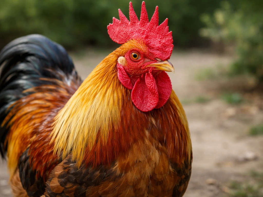 Close-up of a domestic rooster’s colorful comb and plumage in soft natural light