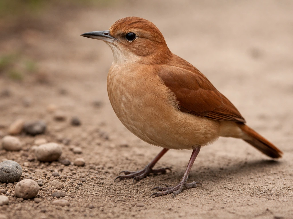 Close-up of a rufous hornero perched on the ground, showing warm brown plumage and beak
