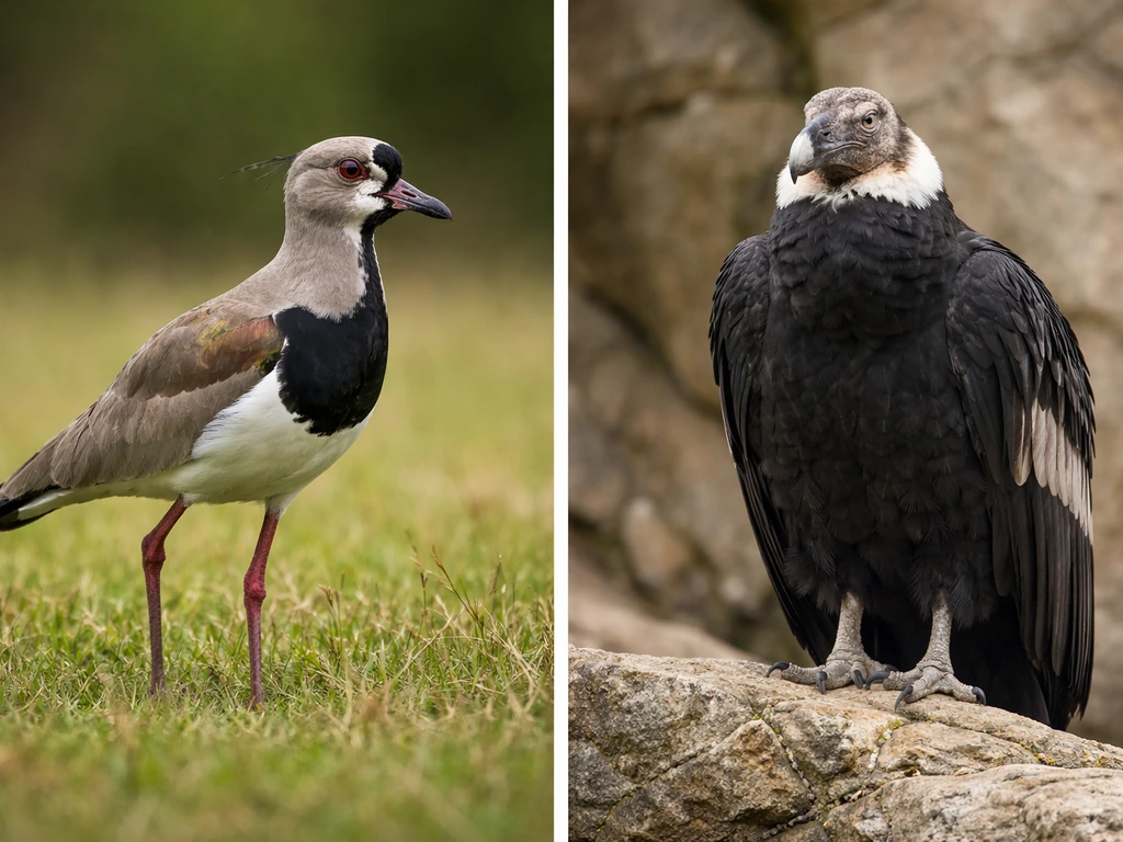 Side-by-side tero (southern lapwing) and condor-like bird silhouettes in a simple natural setting