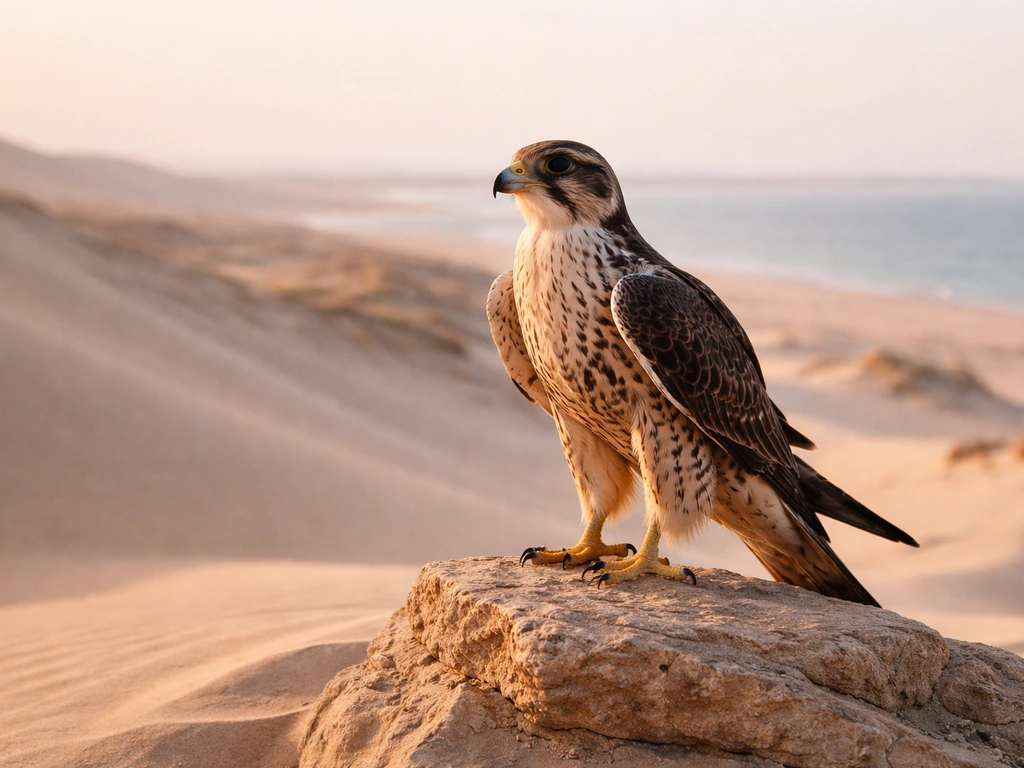 A falcon perched on a rocky ridge overlooking Qatar’s desert and distant coastline.