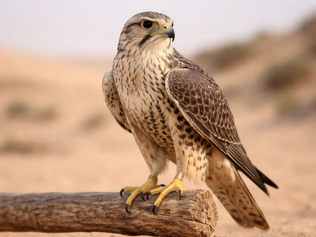 Close-up of a Saker Falcon (falcon) perched outdoors in Qatar desert-like light