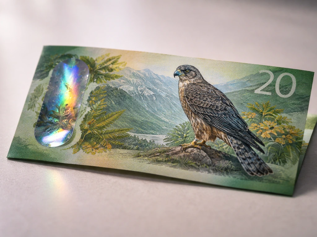 Close-up of an NZ$20 note showing the kārearea and shimmering holographic window for verification.