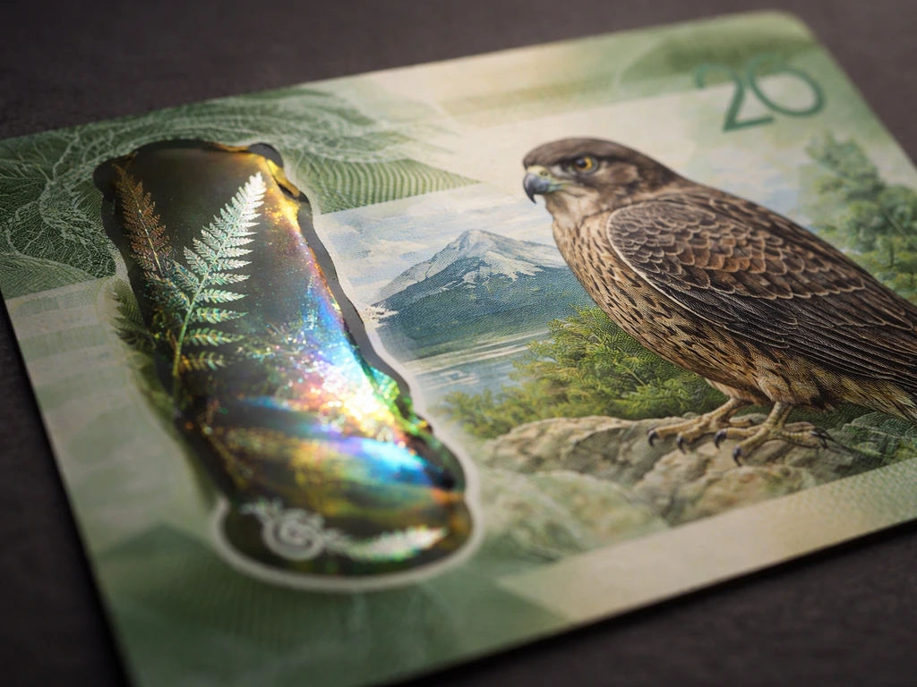 Close-up of the back of a NZ $20 note showing the kārearea near the holographic window area.