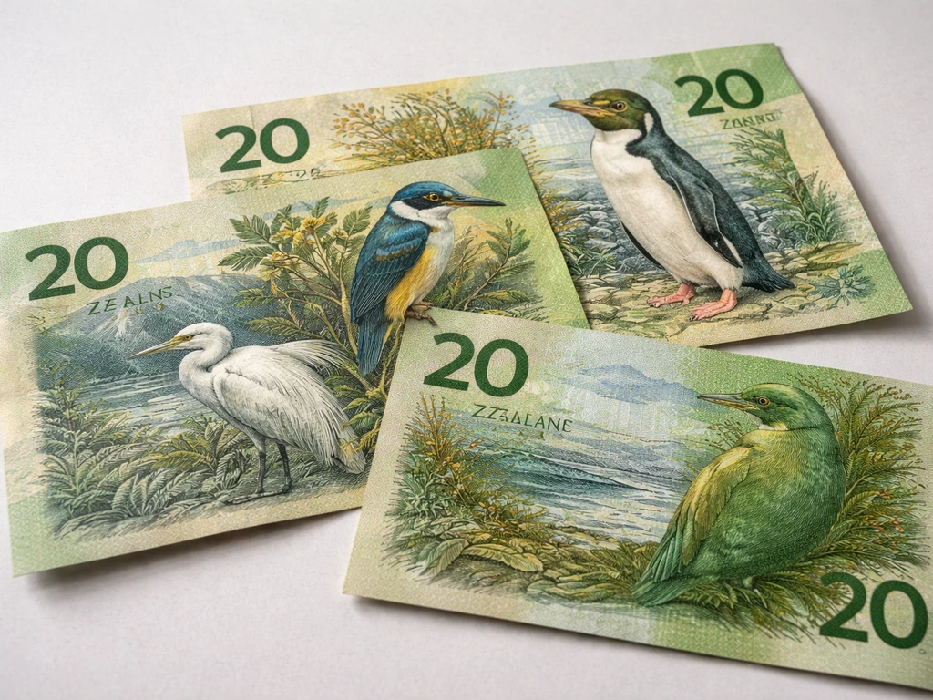 Three overlapping vintage New Zealand $20 banknotes showing different bird designs in muted indoor light.