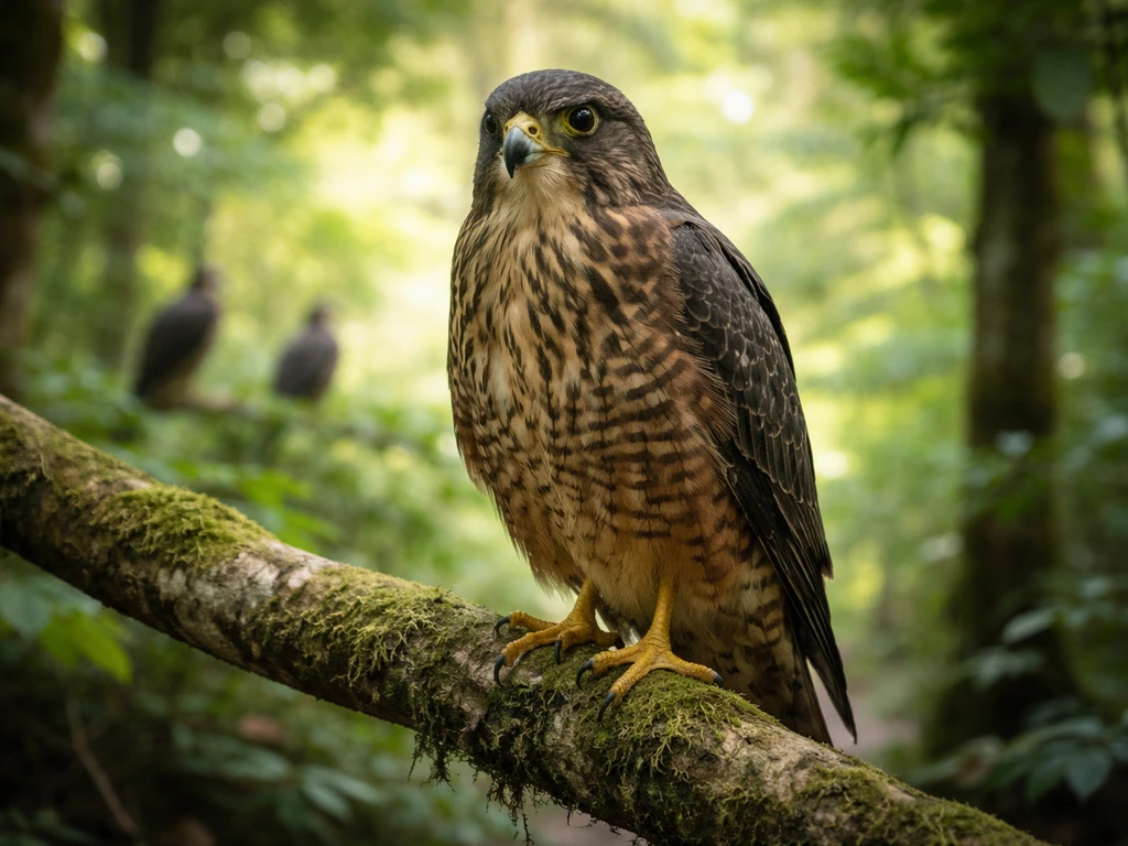 Minimal photo of a native raptor-like bird on a branch, with other blurred forest birds in the background