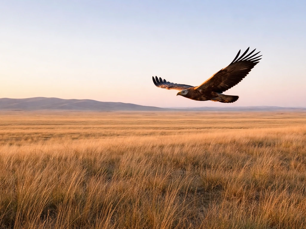 Steppe eagle with wings spread flying over the open Kazakh steppe at sunset