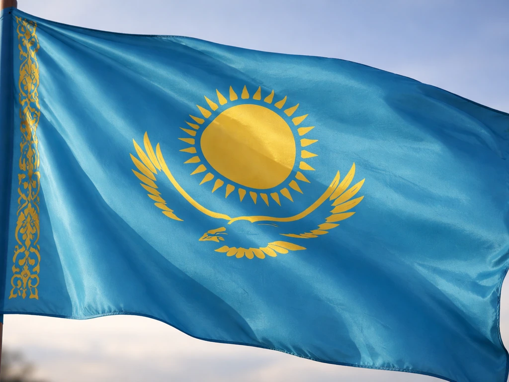 Waving Kazakhstan flag close-up showing the steppe eagle emblem in flight motif.