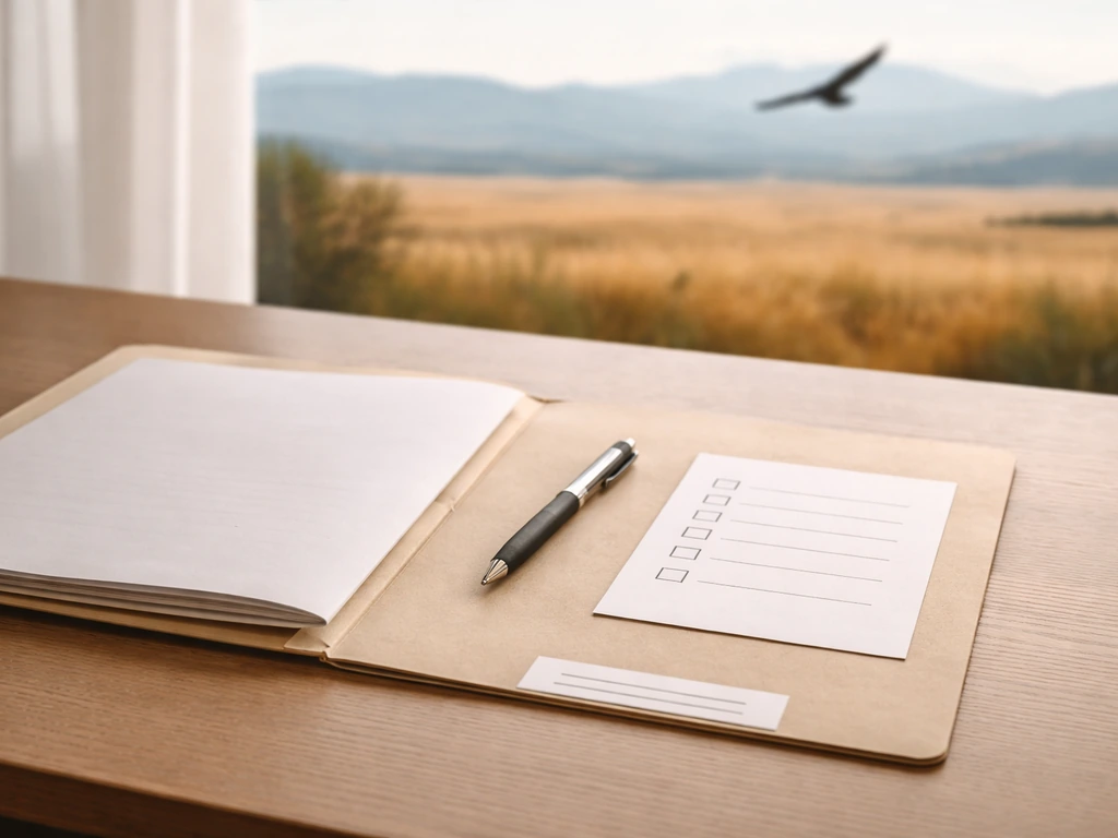 Blank checklist and official document on a desk next to a blurred Kazakhstan steppe and distant eagle silhouette