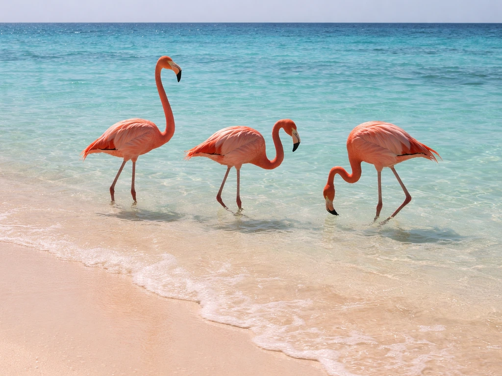 Photo-real flamingos wading in shallow water beside a bright Bahamian shoreline with soft waves