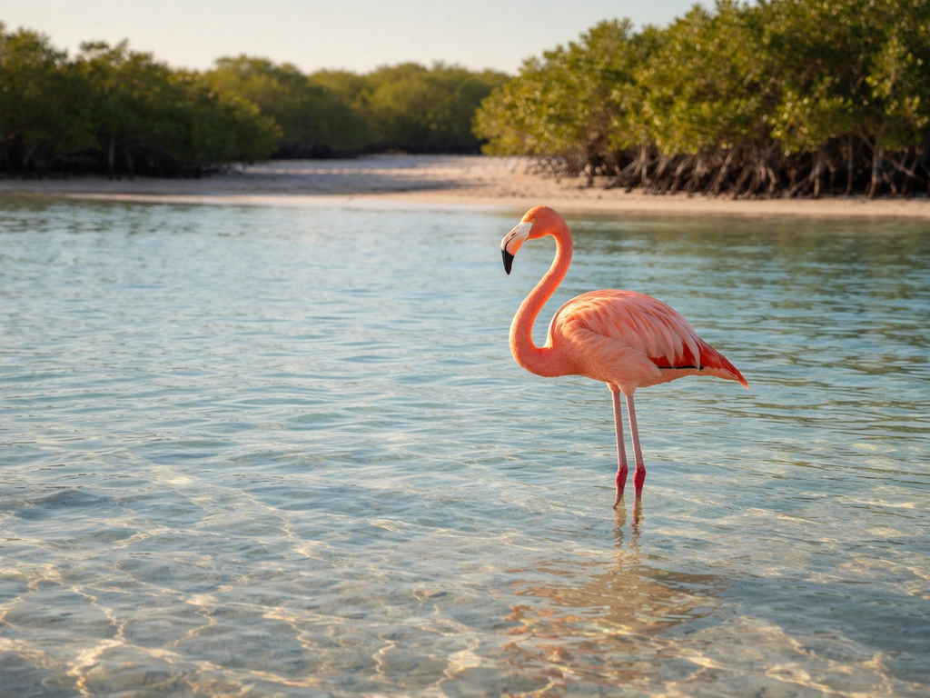 West Indian flamingo standing in shallow saltwater near mangroves on a quiet Bahamian nature reserve.