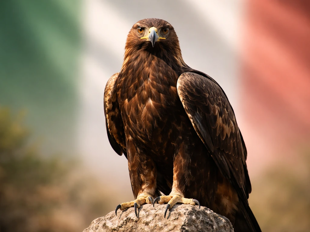 Golden eagle perched against a muted Mexican-flag color backdrop, symbolizing Mexico’s national bird.