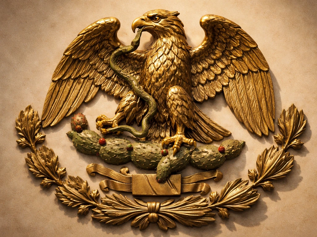 Golden eagle emblem over Mexico’s coat of arms: eagle on cactus holding a snake.