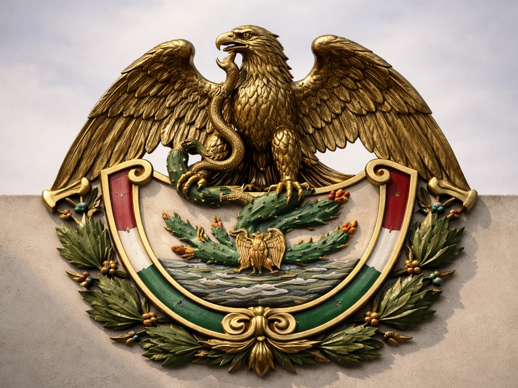 Golden eagle perched on Mexico’s national shield emblem, symbolizing strength and independence