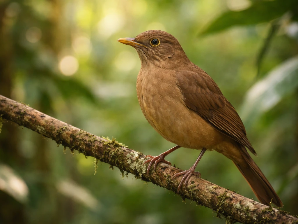 Clay-colored thrush (yigüirro) perched on a tropical branch with soft rainforest background.