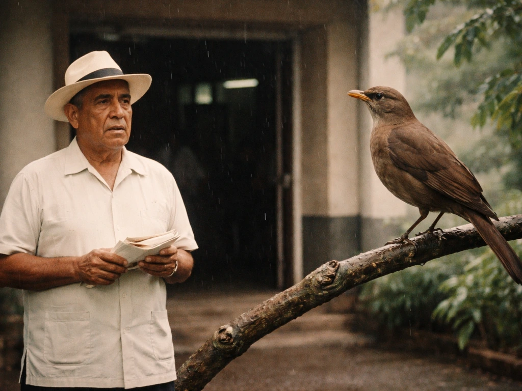 Archival-style scene with a brown thrush perched near a man outside a government building in 1970s Costa Rica.
