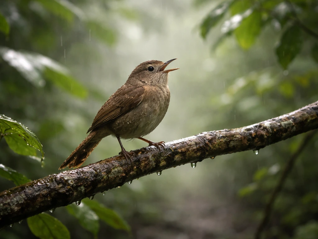 A small brown bird perched on a wet branch in Costa Rican mist, singing amid humid rain clouds.