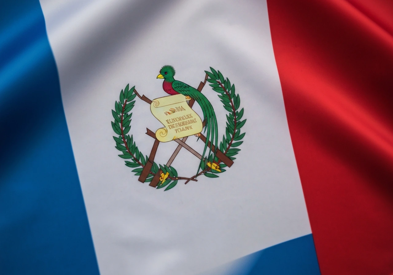 Zoomed-in view of Guatemala flag’s coat of arms, showing the quetzal bird on the emblem.