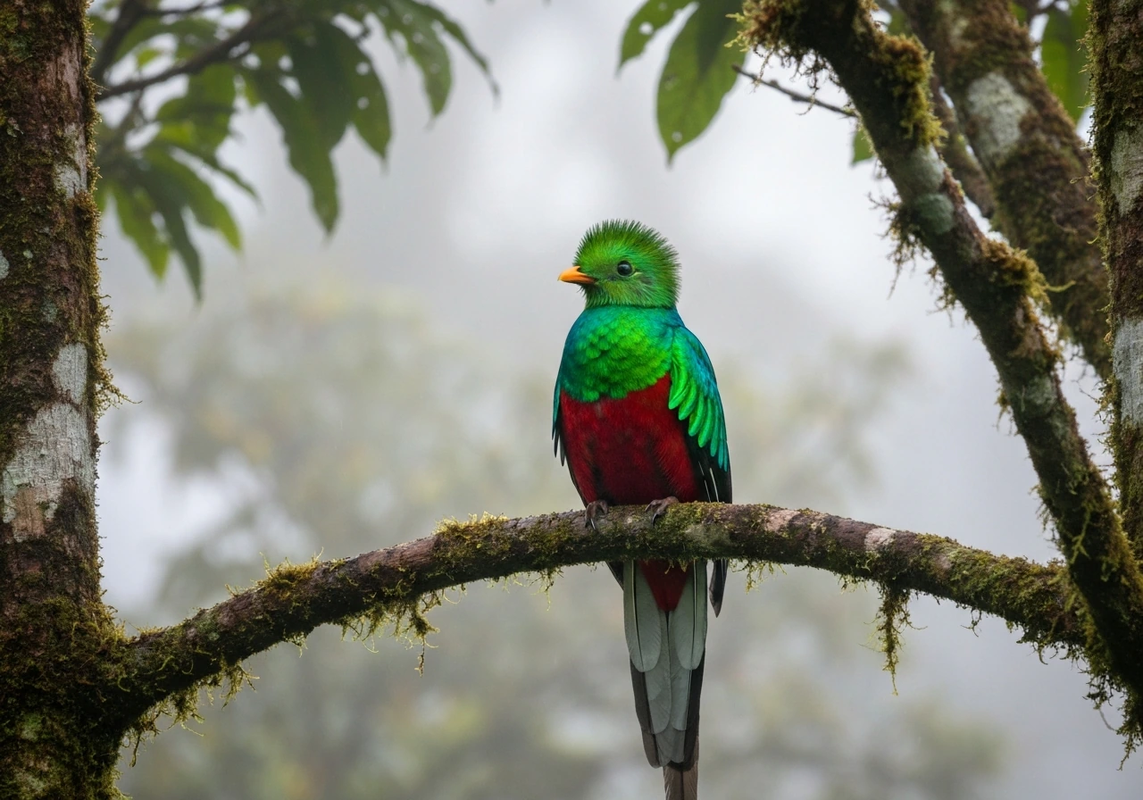 Resplendent quetzal perched in a cloud-forest tree with shimmering green feathers and a red breast.