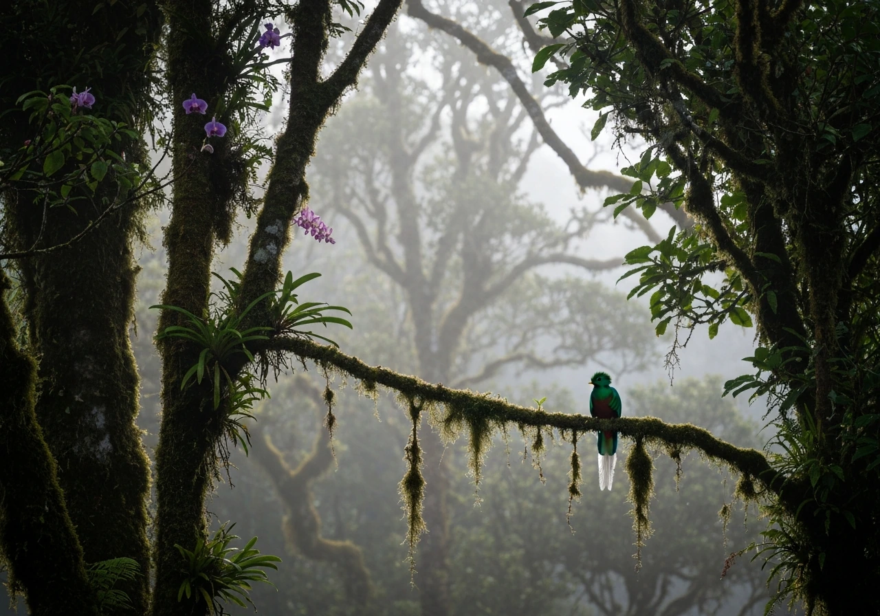 Mist-filled cloud forest with a resplendent quetzal perched on a branch, looking into the canopy.