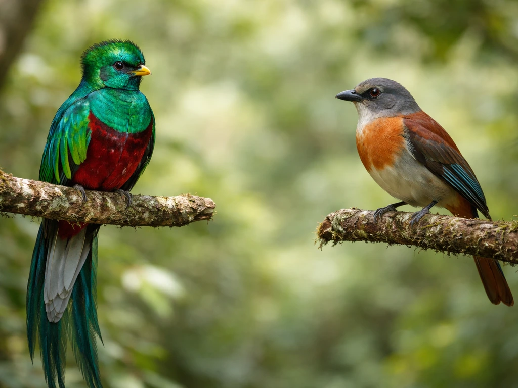Guatemalan quetzal perched beside a neighboring bird in a lush green forest clearing