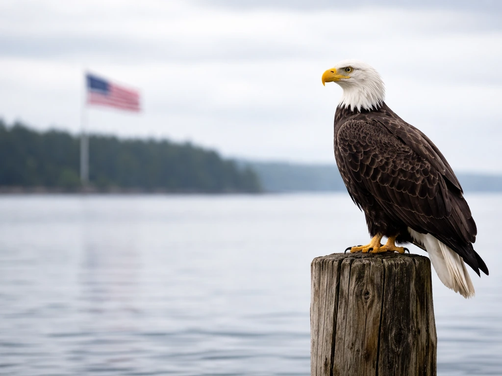 Bald eagle perched on a post with an American flag softly blurred in the background.