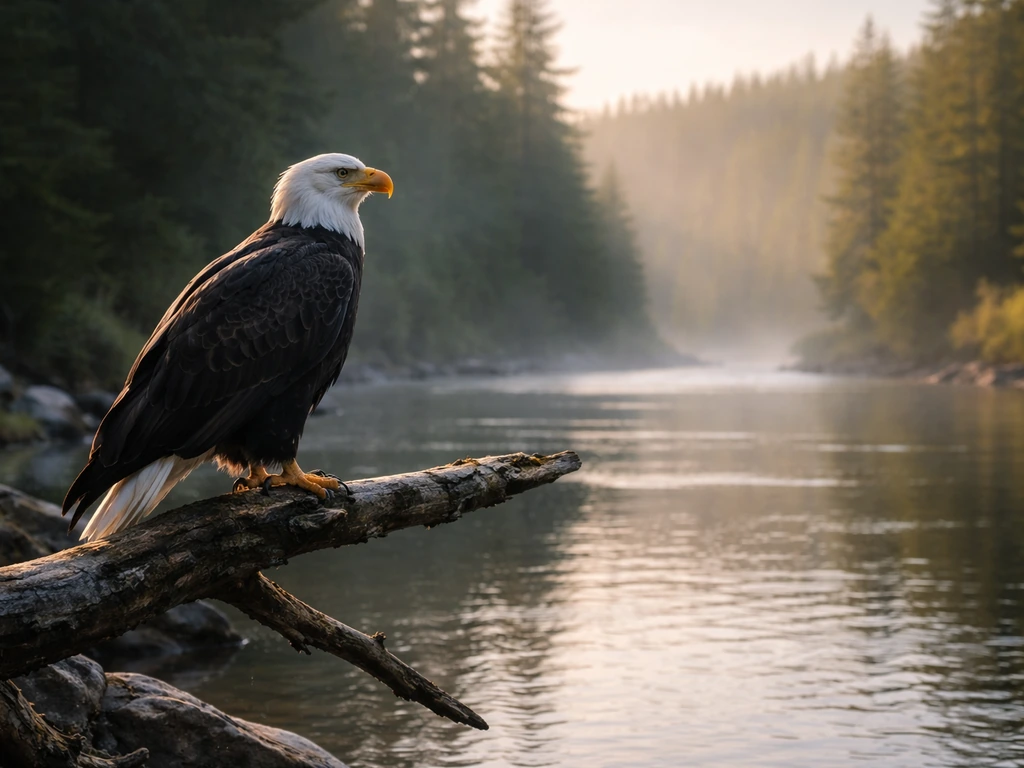 Bald eagle perched near a calm river, sunlight on its feathers, symbolizing recovery after near-extinction.