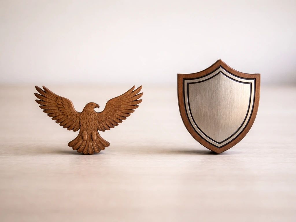 Wooden eagle figure on the left and a simple shield/crest emblem on the right on a neutral table
