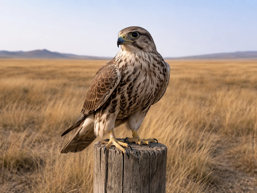 A saker falcon perched on a post in the Mongolian steppe with open grassland behind it.