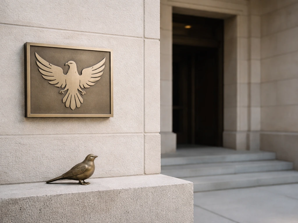 A stylized bird emblem on a plain wall near a simple government-style doorway, symbolizing national bird meaning.