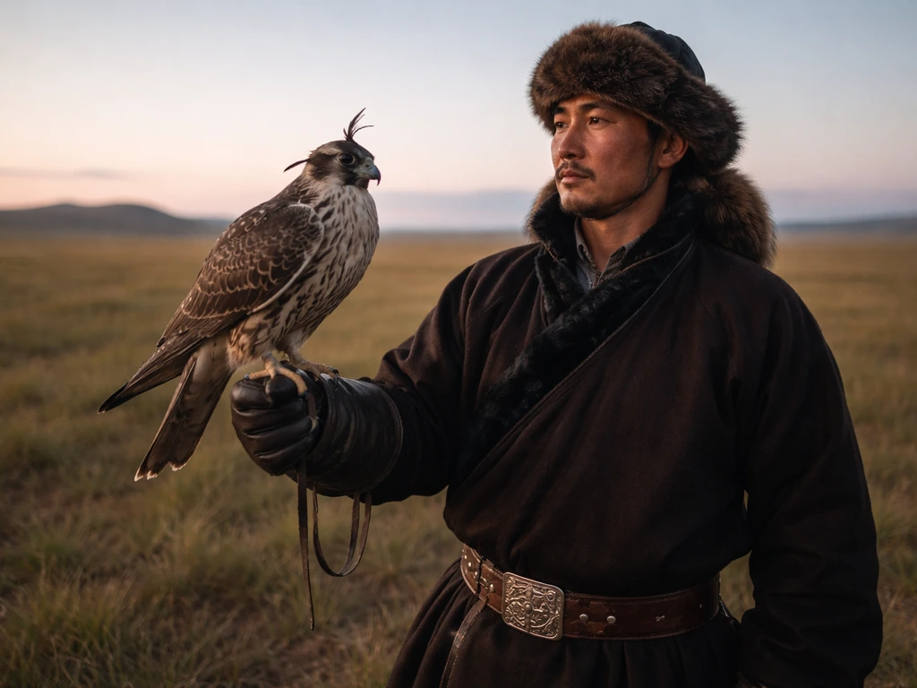 Mongolian falconer holding a hooded saker falcon on the steppe at dawn
