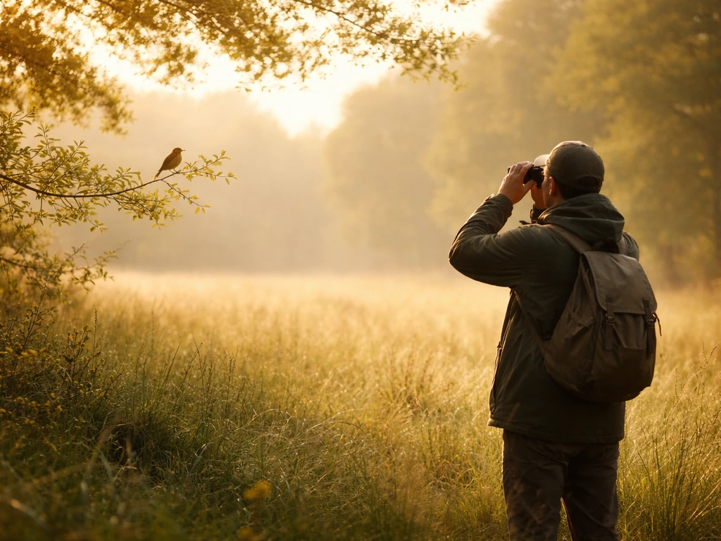 A bird watcher in a park looks through binoculars toward a small bird on a branch.