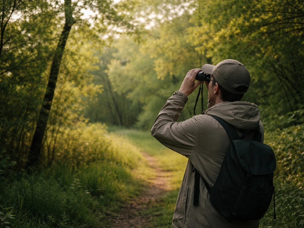 Person bird-watching outdoors with binoculars, scanning trees for a bird in natural daylight.