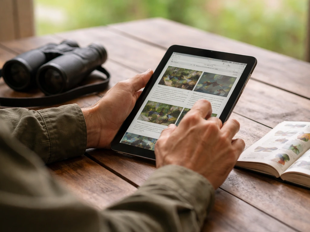 Anonymous birder uses a phone to check an official webpage, with binoculars and a field guide on a table.