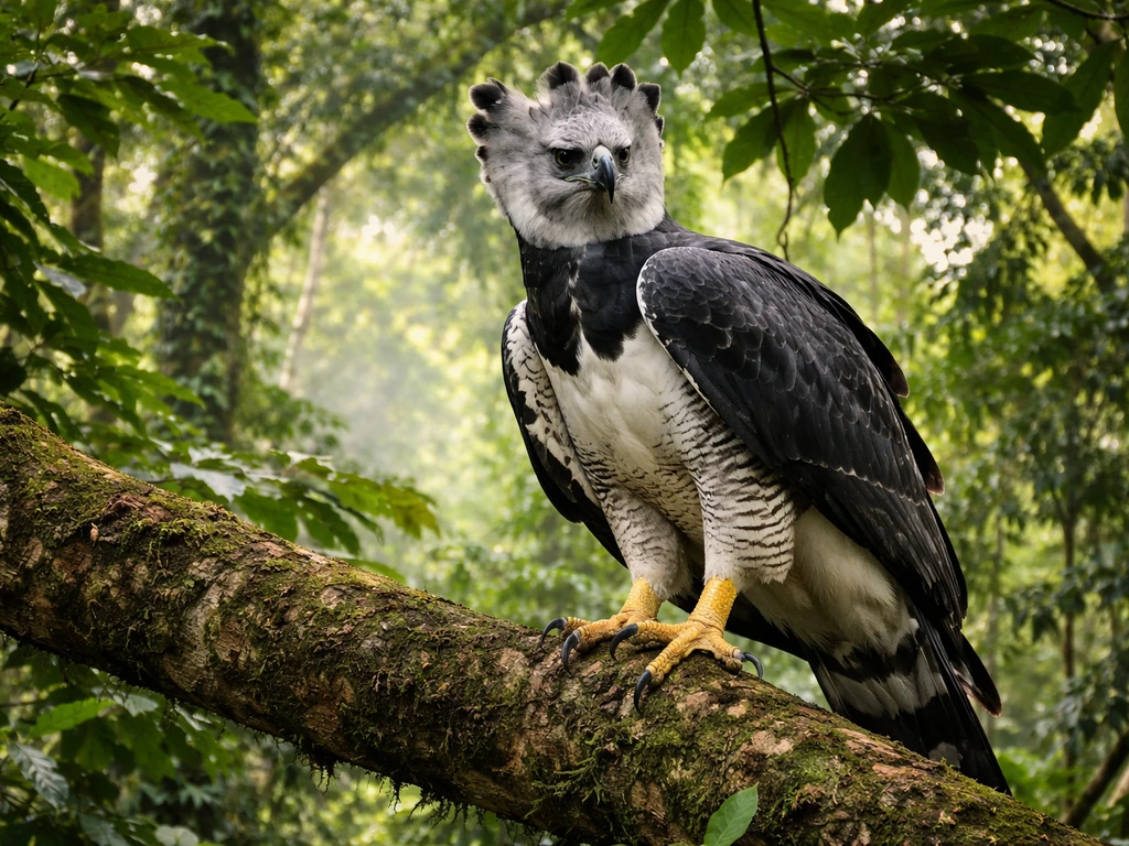 Harpy eagle perched on a rainforest branch, framed by lush Panama canopy foliage and dappled sunlight.