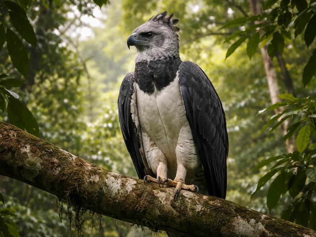 Harpy eagle perched in a tropical forest canopy, broad wings and hooked beak visible from below