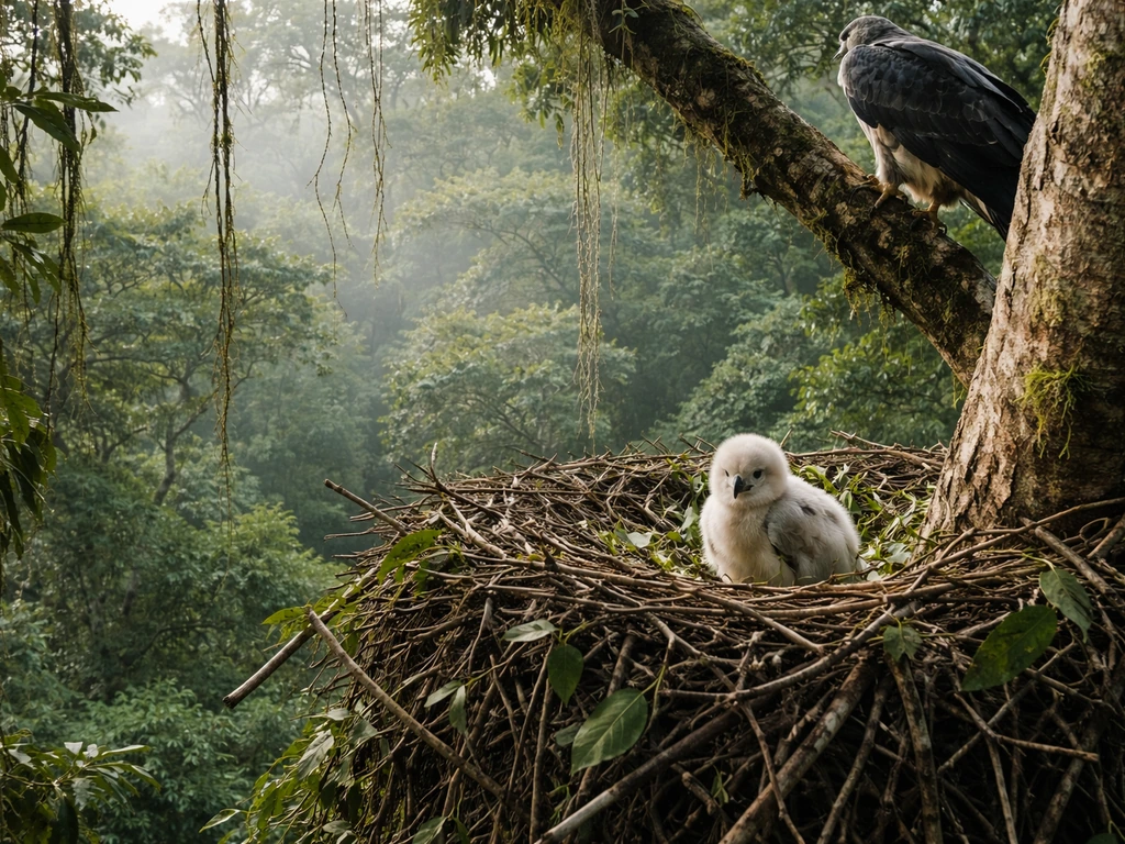 Harpy eagle chick in a large nest in Panama’s Darién jungle, framed by lush trees and vines.