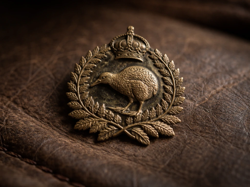 Close-up of a vintage WWI-era-style New Zealand badge with a kiwi emblem on aged leather.