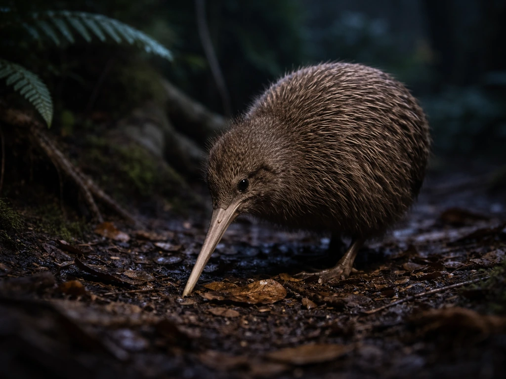 A brown kiwi foraging at night on forest leaf litter near ferns and roots