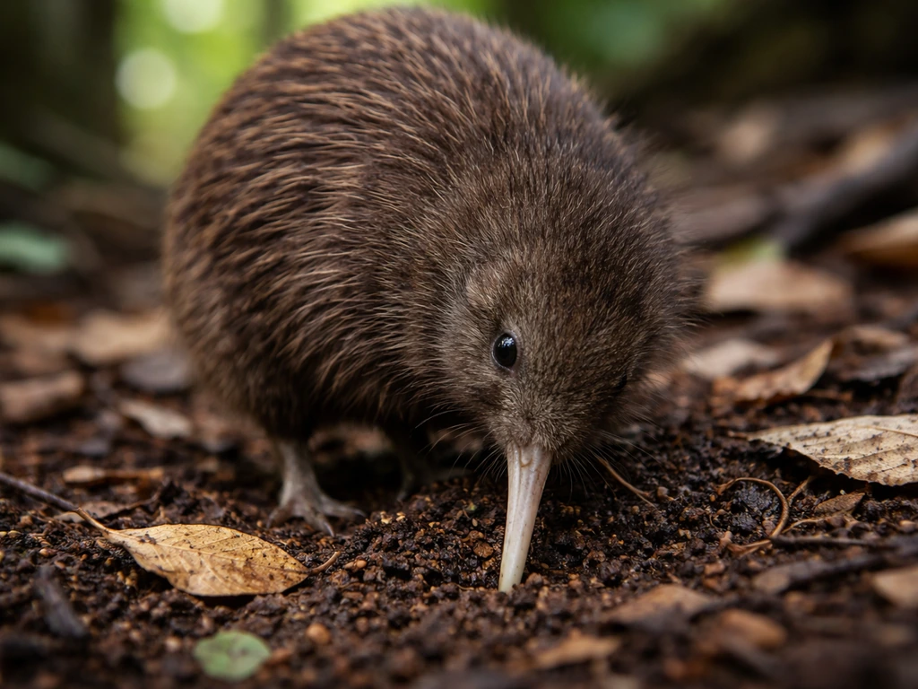 Kiwi foraging with head down in leaf litter, probing soil with its long bill.